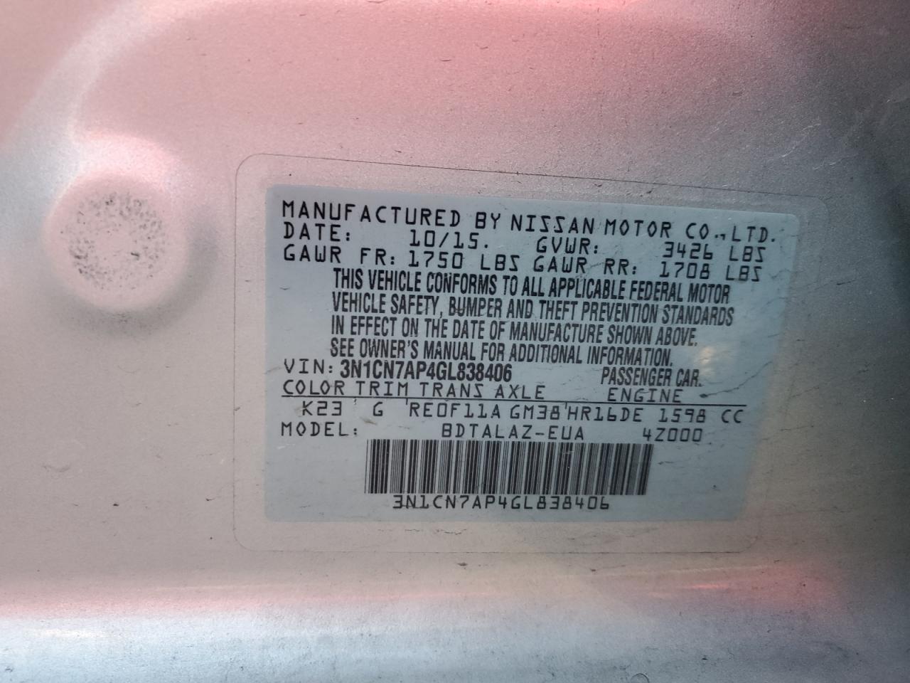 2016 Nissan Versa VIN 3N1CN7AP4GL838406 Copart auction photo, rear end damage thumbnail 13