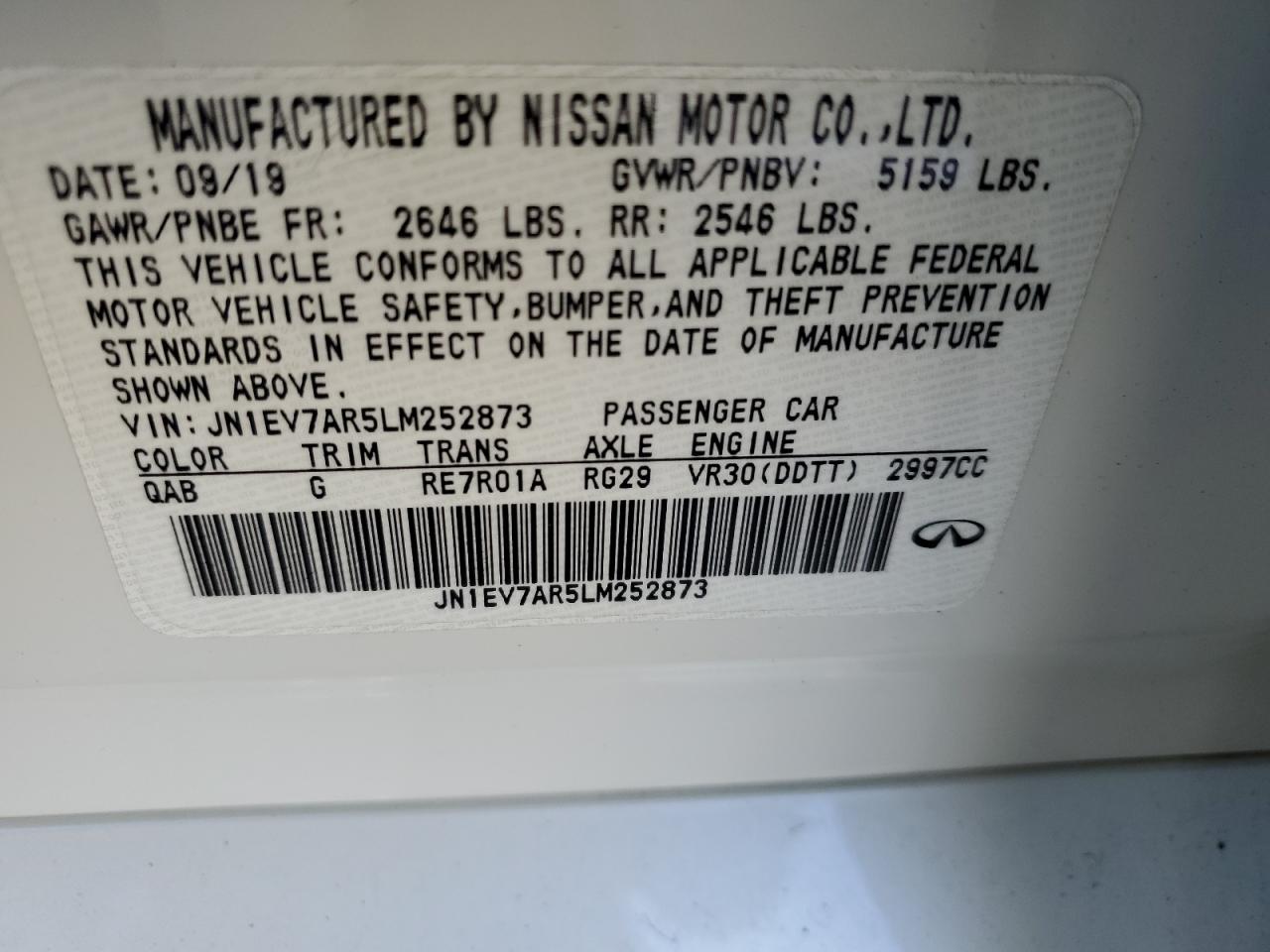 2020 Infiniti Q50 VIN JN1EV7AR5LM252873 Copart auction photo, vandalism / mechanical damage thumbnail 12