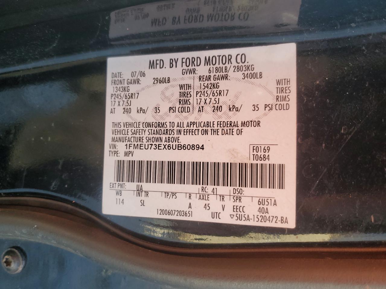 2006 Ford Explorer VIN 1FMEU73EX6UB60894 Copart auction photo, front end / minor dent/scratches damage thumbnail 15