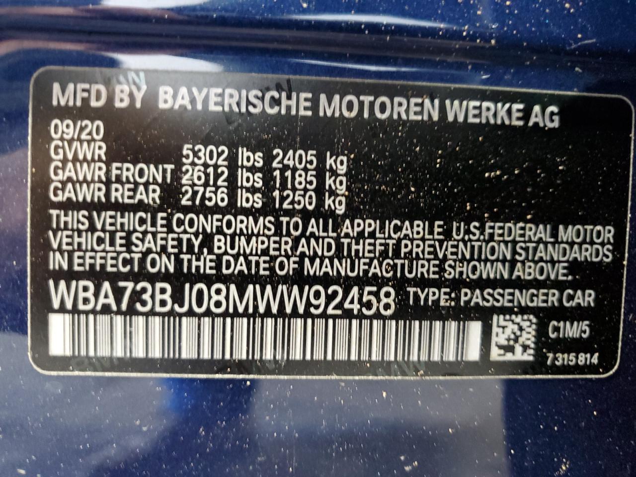 2021 BMW 5er VIN WBA73BJ08MWW92458 Copart auction photo, front end / side damage thumbnail 12
