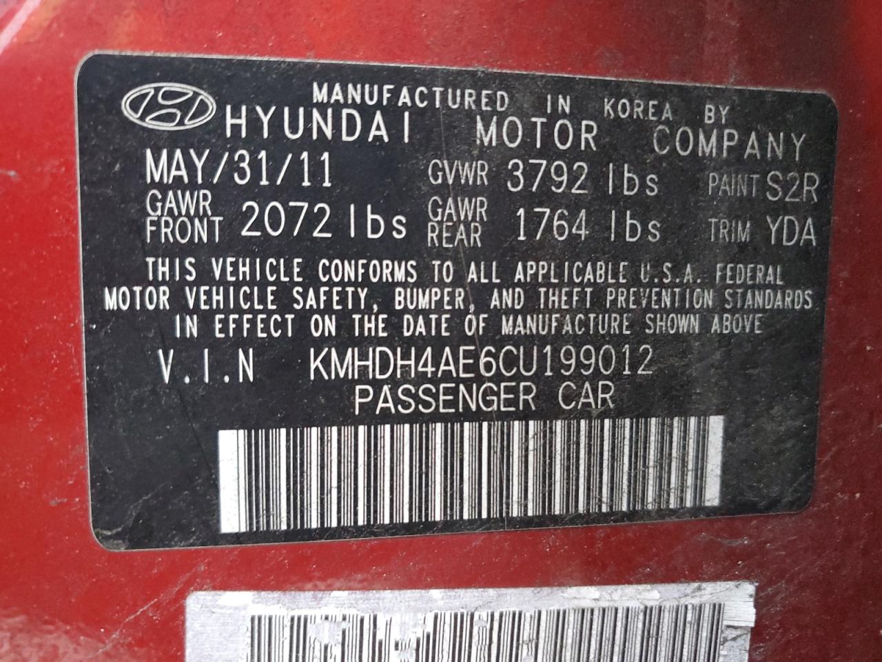 2012 Hyundai Elantra VIN KMHDH4AE6CU199012 Copart auction photo, front end damage thumbnail 13