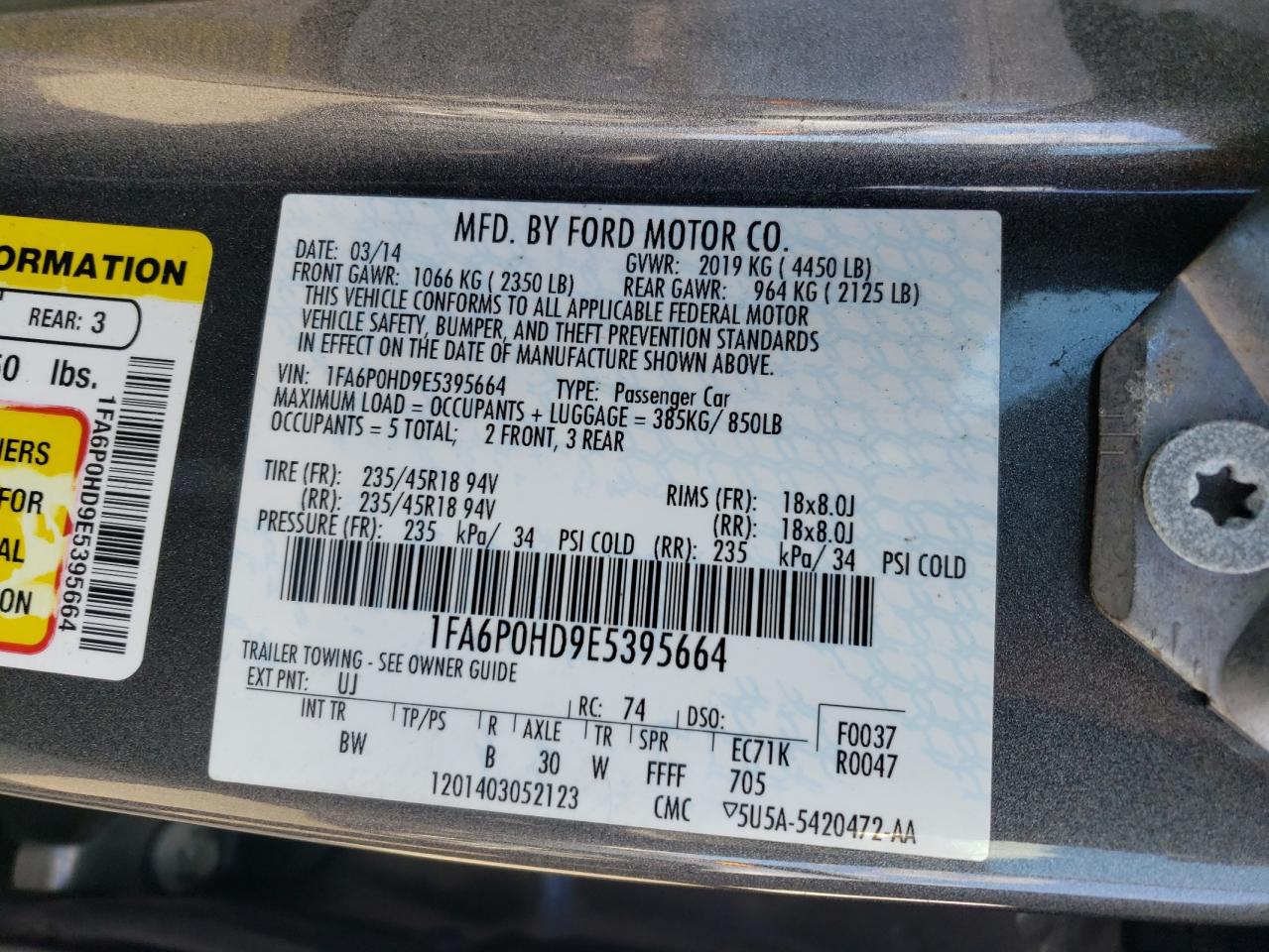2014 Ford Fusion VIN 1FA6P0HD9E5395664 Copart auction photo, front end damage thumbnail 12