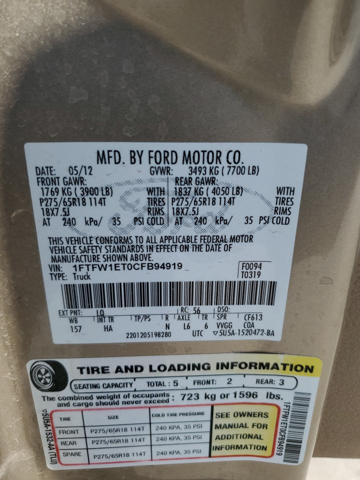2012 Ford F-150 VIN 1FTFW1ET0CFB94919 Copart auction photo, front end damage thumbnail 14
