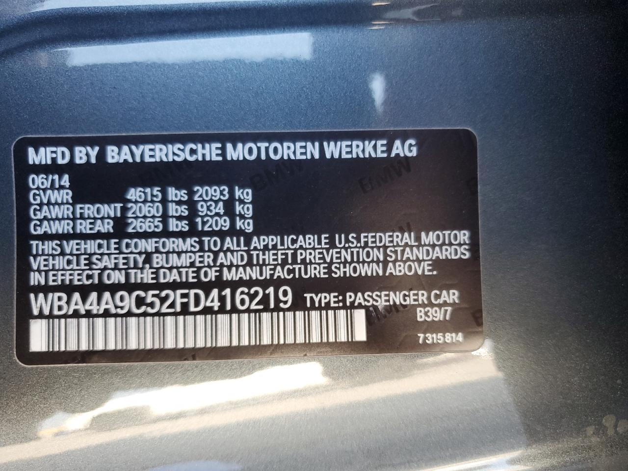 2015 BMW 4er VIN WBA4A9C52FD416219 Copart auction photo, rear end damage thumbnail 14