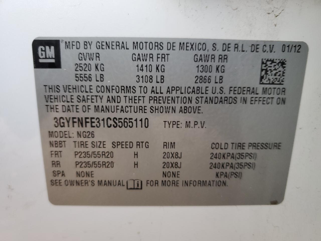 2012 Cadillac SRX VIN 3GYFNFE31CS565110 Copart auction photo, front end / rear end damage thumbnail 14
