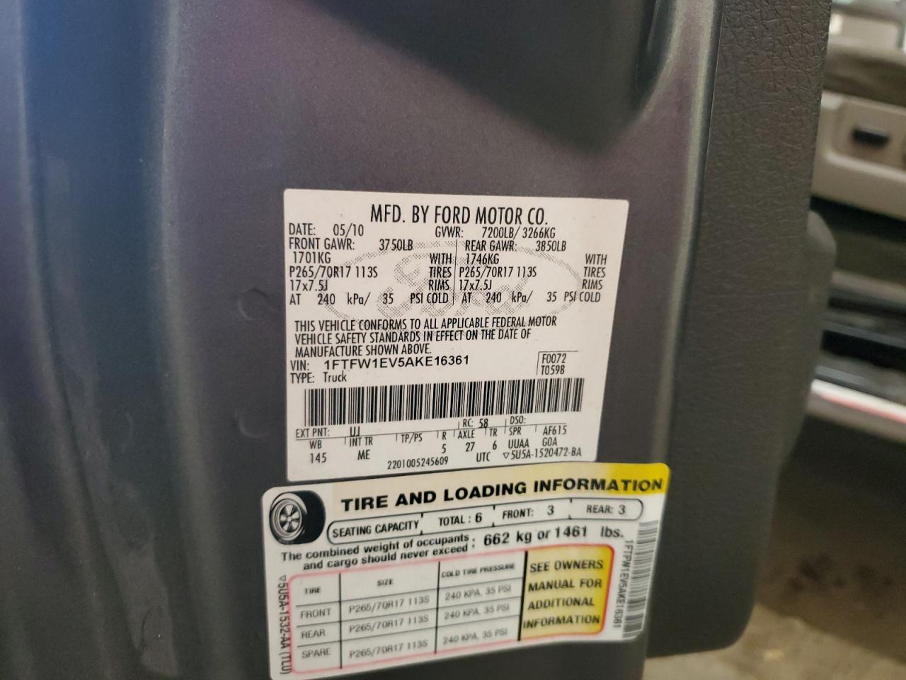 2010 Ford F-150 VIN 1FTFW1EV5AKE16361 Copart auction photo, rear end / side damage thumbnail 14