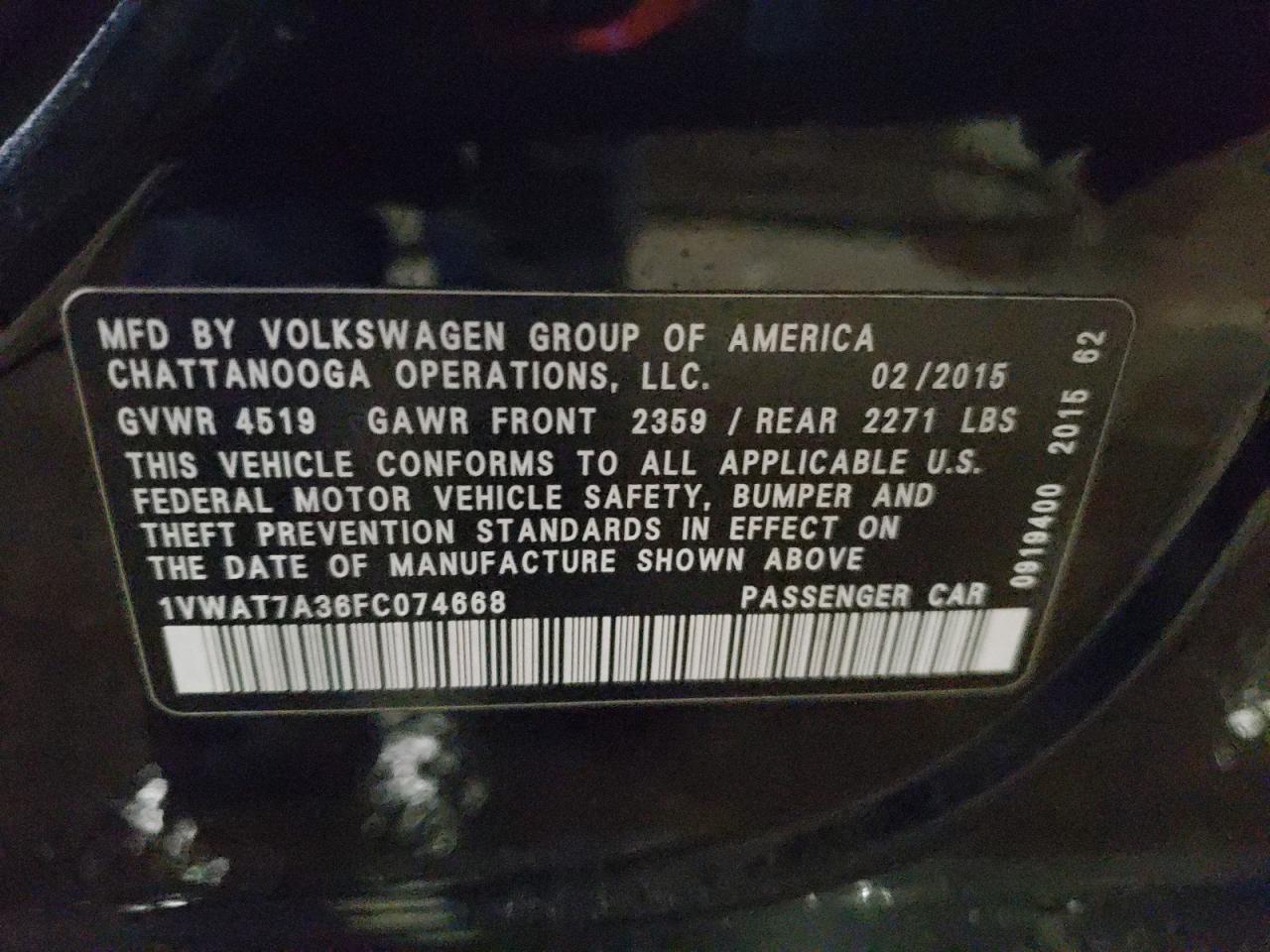 2015 Volkswagen Passat VIN 1VWAT7A36FC074668 Copart auction photo, front end / minor dent/scratches damage thumbnail 13