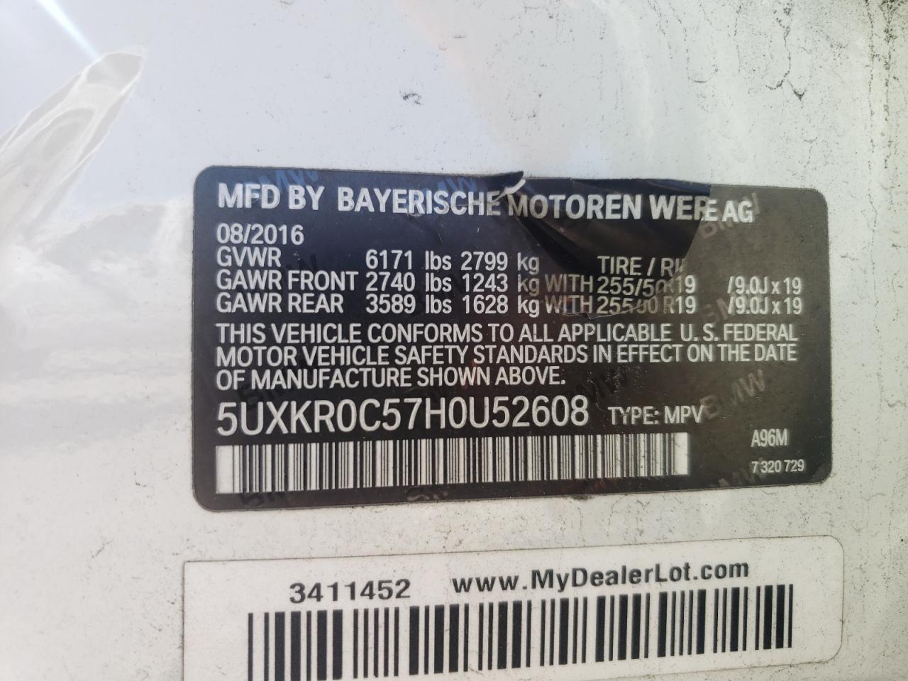 2017 BMW X5 VIN 5UXKR0C57H0U52608 Copart auction photo, rear end / front end damage thumbnail 15