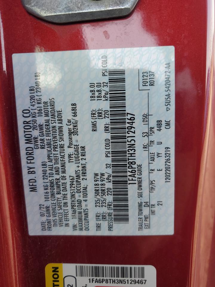 2022 Ford Mustang VIN 1FA6P8TH3N5129467 Copart auction photo, front end damage thumbnail 12