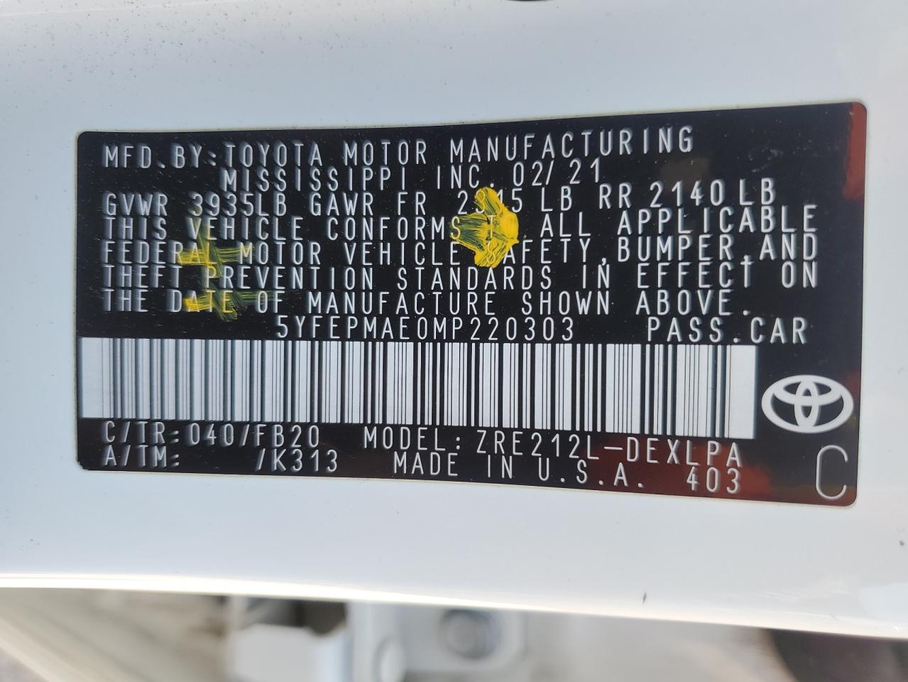 2021 Toyota Corolla VIN 5YFEPMAE0MP220303 Copart auction photo, front end / side damage thumbnail 12