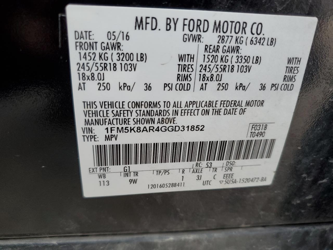 2016 Ford Explorer VIN 1FM5K8AR4GGD31852 Copart auction photo, front end / minor dent/scratches damage thumbnail 13