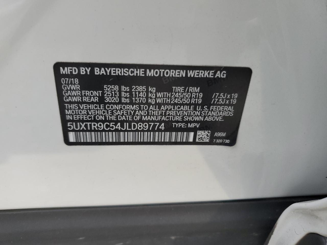 2018 BMW X3 VIN 5UXTR9C54JLD89774 Copart auction photo, front end damage thumbnail 13