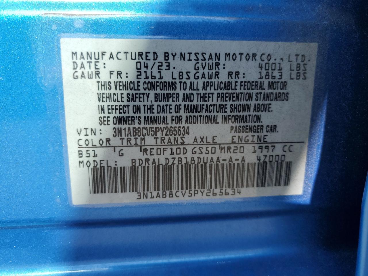 2023 Nissan Sentra VIN 3N1AB8CV5PY265634 Copart auction photo, side / rear end damage thumbnail 13