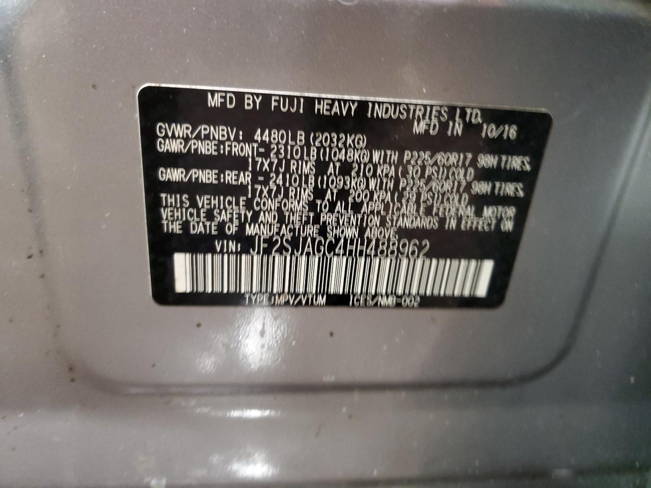 2017 Subaru Forester VIN JF2SJAGC4HH488962 Copart auction photo, side damage thumbnail 13