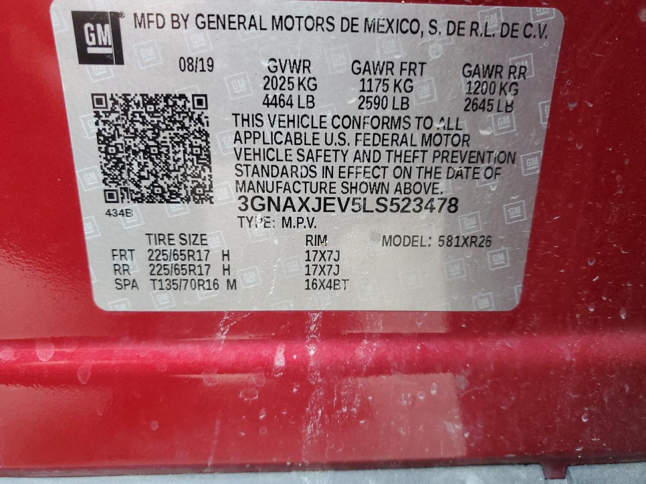 2020 Chevrolet Equinox VIN 3GNAXJEV5LS523478 Copart auction photo, rear end damage thumbnail 13