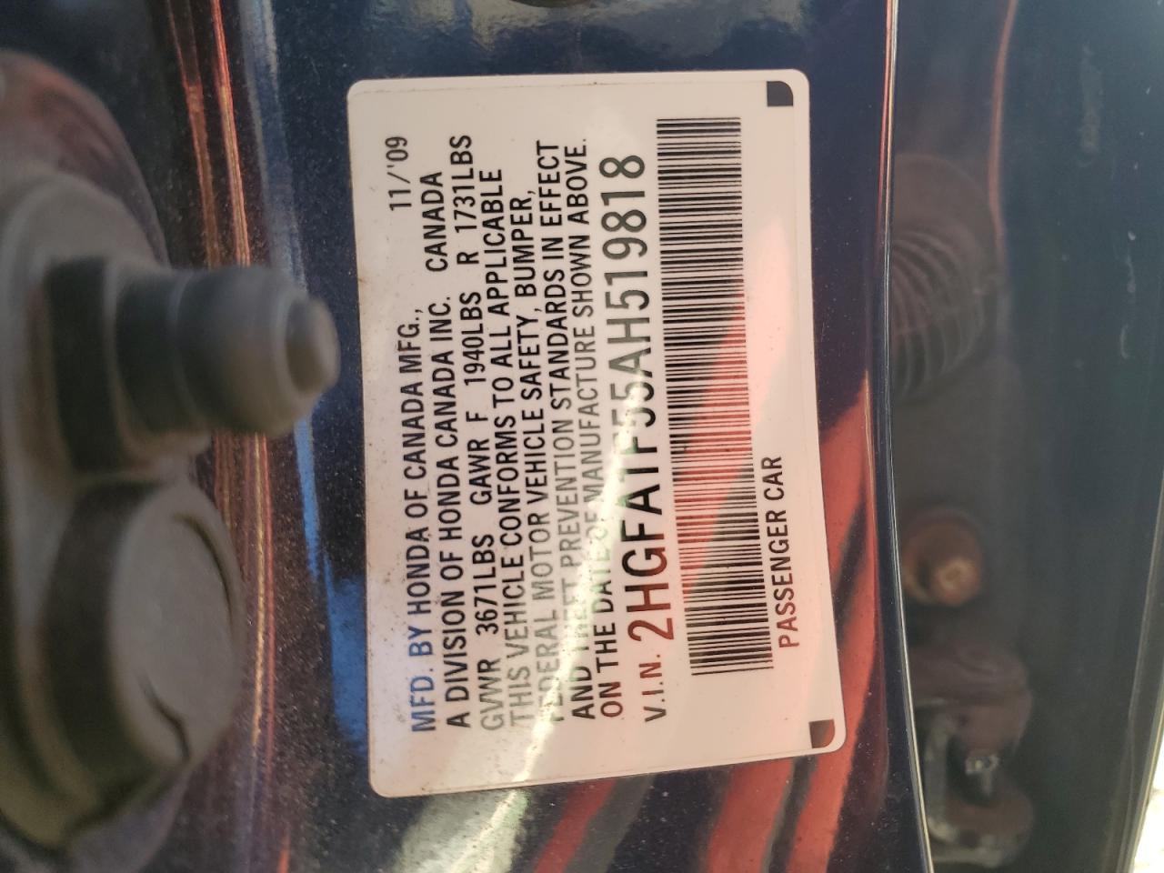 2010 Honda Civic VIN 2HGFA1F55AH519818 Copart auction photo, side damage thumbnail 12