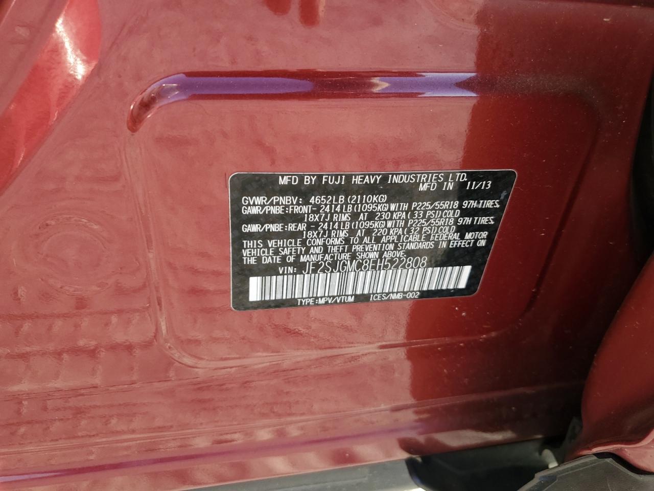 2014 Subaru Forester VIN JF2SJGMC8EH522808 Copart auction photo, side damage thumbnail 14