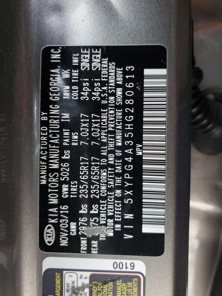 2017 KIA Sorento VIN 5XYPG4A35HG280613 Copart auction photo, front end / side damage thumbnail 14