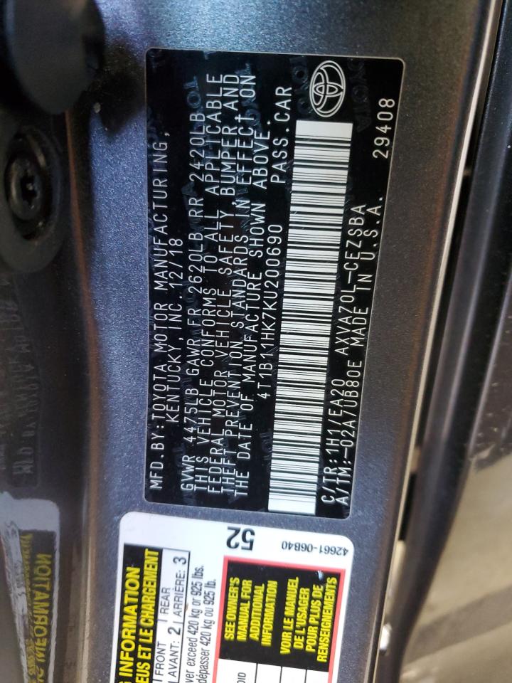 2019 Toyota Camry VIN 4T1B11HK7KU200690 Copart auction photo, rear end / front end damage thumbnail 13