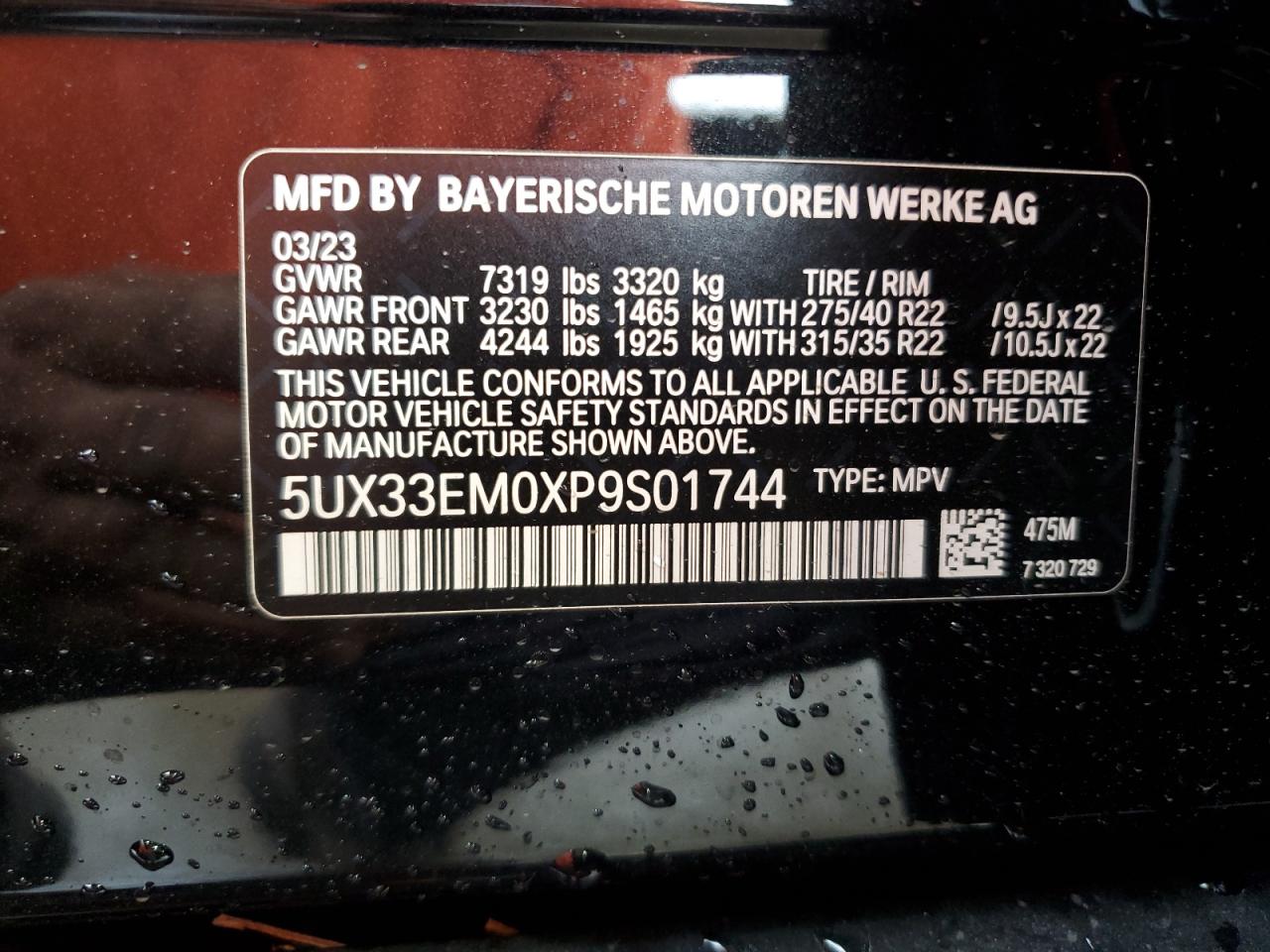 2023 BMW X7 VIN 5UX33EM0XP9S01744 Copart auction photo, water/flood / minor dent/scratches damage thumbnail 13