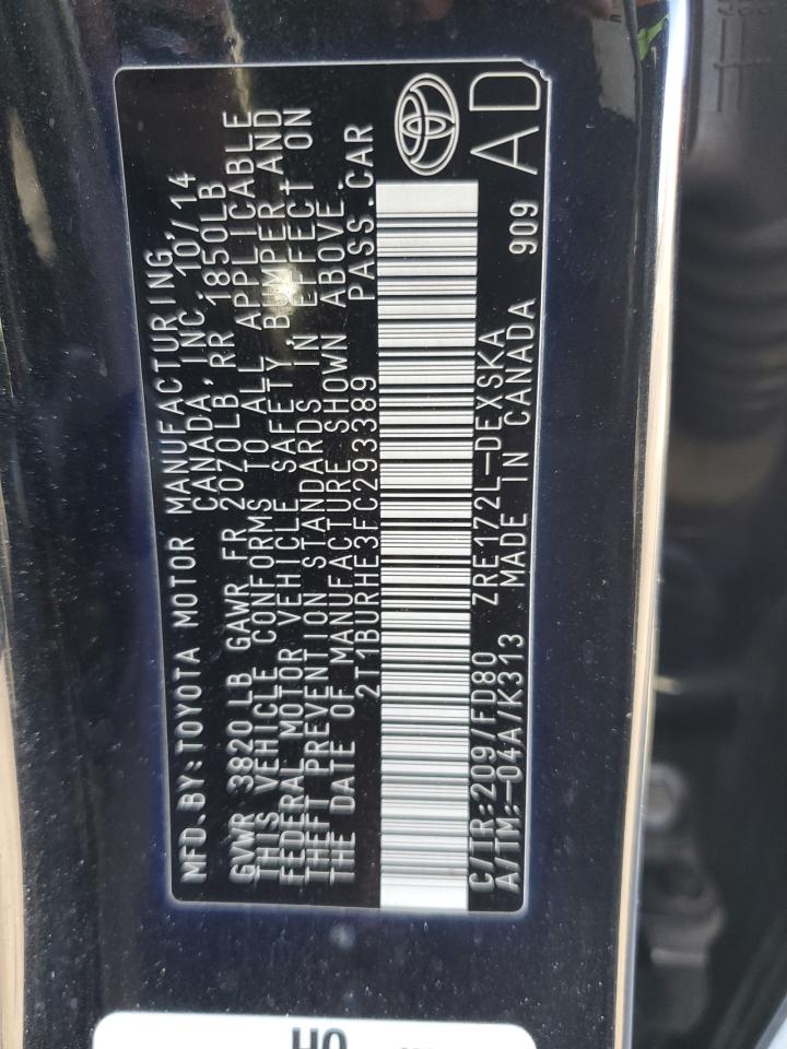 2015 Toyota Corolla VIN 2T1BURHE3FC293389 Copart auction photo, rear end / side damage thumbnail 13
