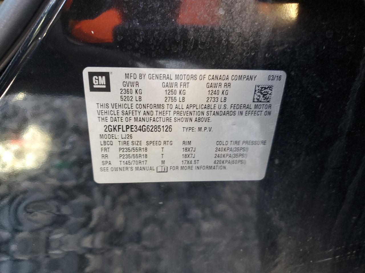 2016 GMC Terrain VIN 2GKFLPE34G6285126 Copart auction photo, front end damage thumbnail 13