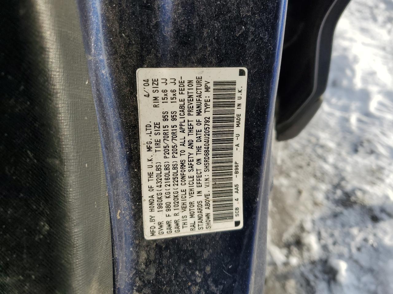 2004 Honda CR-V VIN SHSRD68404U205792 Copart auction photo, front end damage thumbnail 13