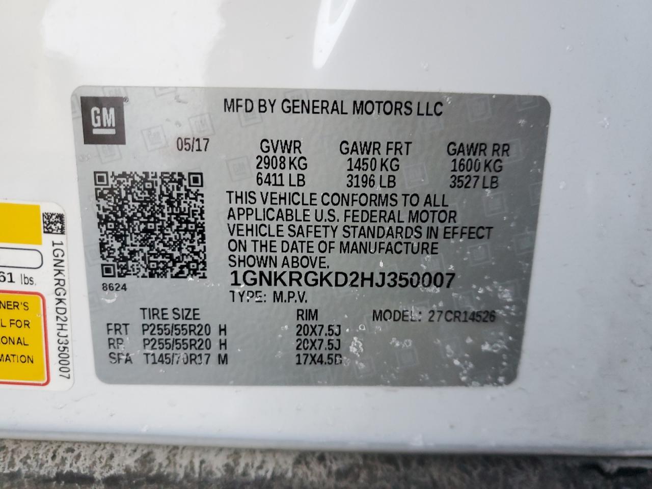 2017 Chevrolet Traverse VIN 1GNKRGKD2HJ350007 Copart auction photo, side damage thumbnail 13