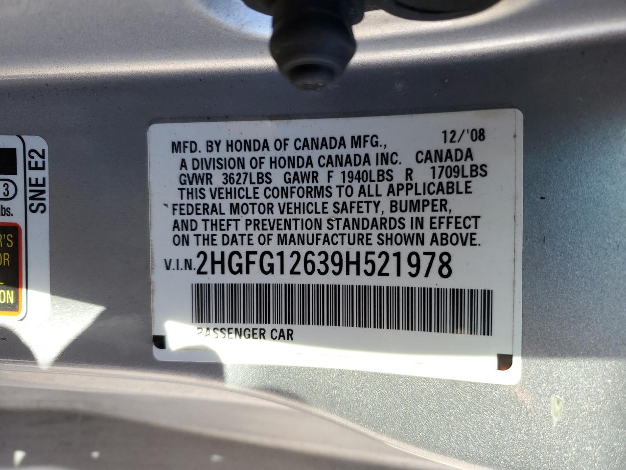 2009 Honda Civic VIN 2HGFG12639H521978 Copart auction photo, rear end damage thumbnail 12