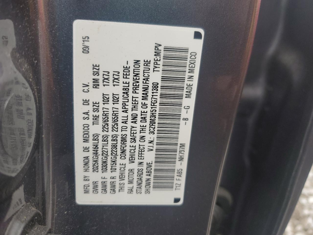 2015 Honda CR-V VIN 3CZRM3H51FG711380 Copart auction photo, front end damage thumbnail 13
