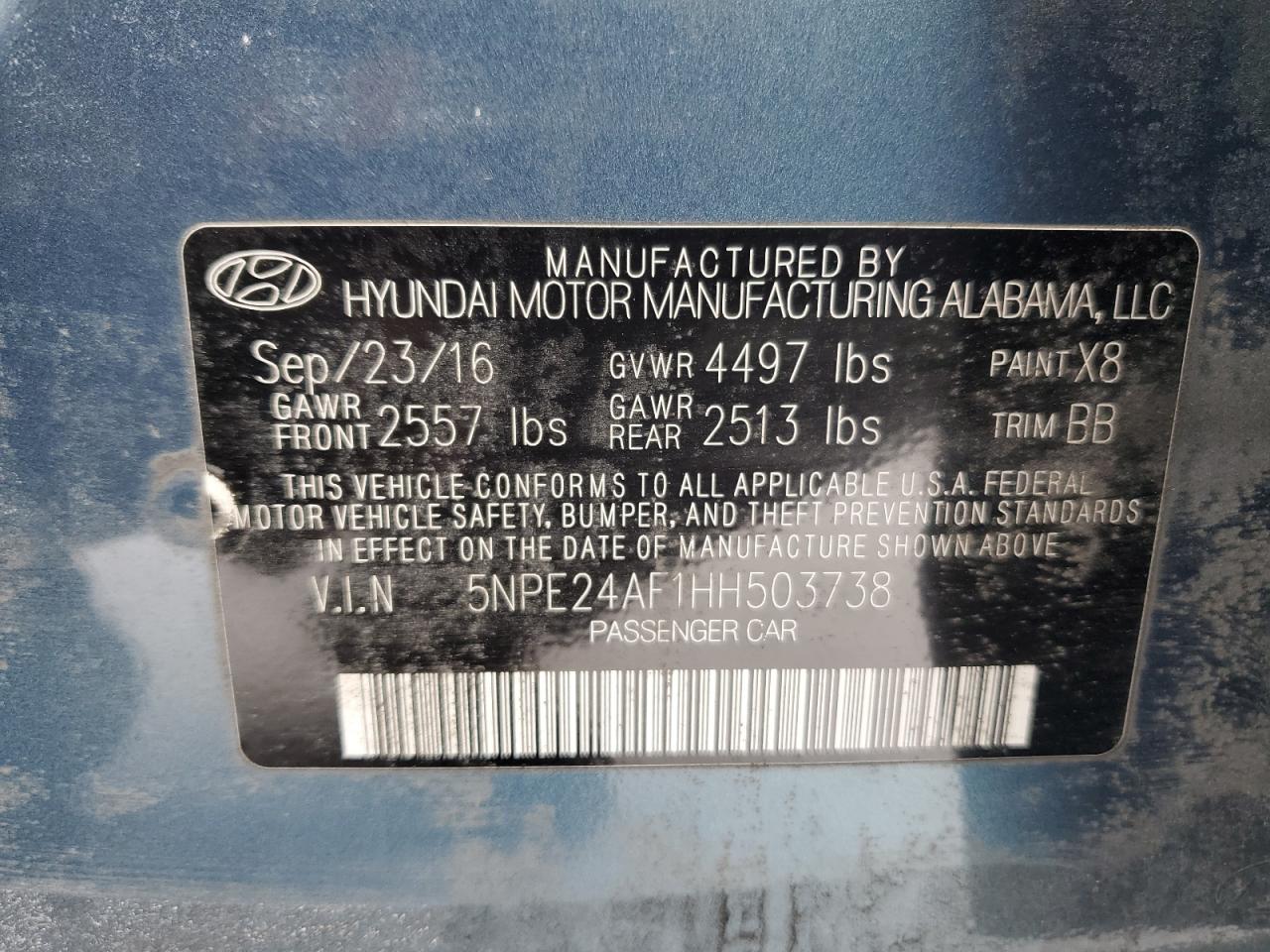 2017 Hyundai Sonata VIN 5NPE24AF1HH503738 Copart auction photo, front end damage thumbnail 12