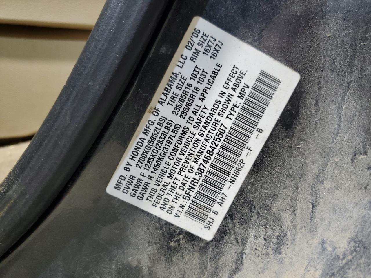 2006 Honda Odyssey VIN 5FNRL38746B425507 Copart auction photo, all over damage thumbnail 13