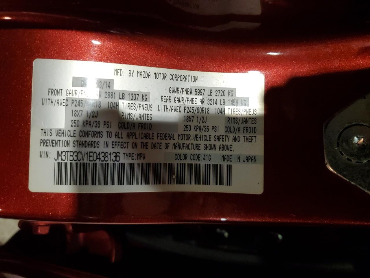 2014 Mazda CX-9 VIN JM3TB3CV1E0438136 Copart auction photo, all over / undercarriage damage thumbnail 15
