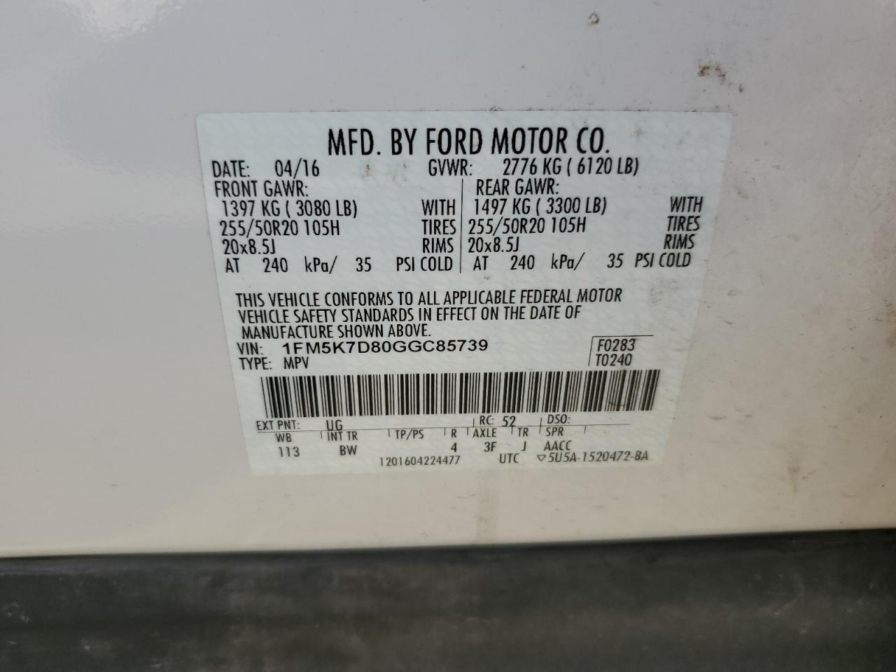 2016 Ford Explorer VIN 1FM5K7D80GGC85739 Copart auction photo, rear end / undercarriage damage thumbnail 15