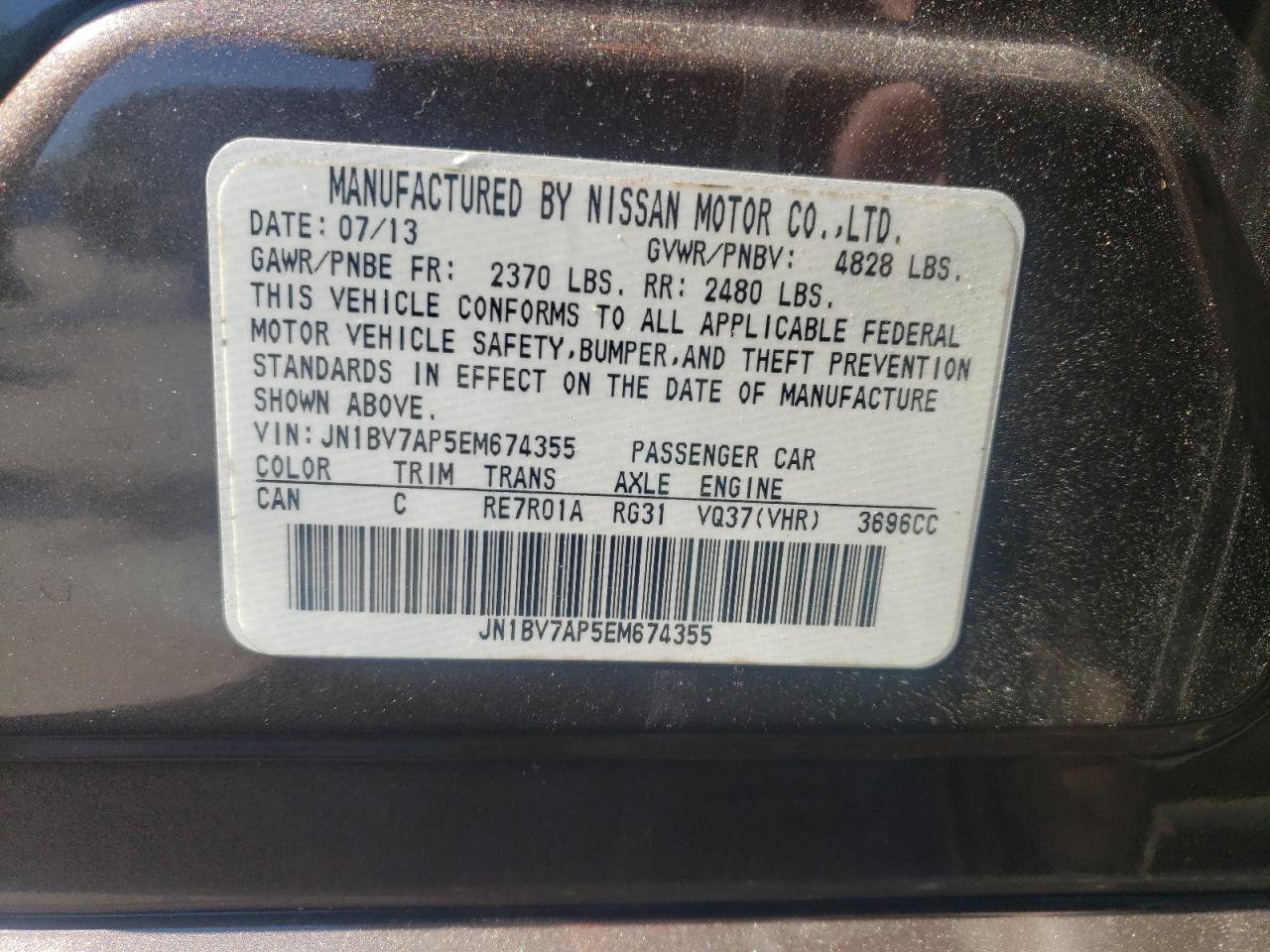 2014 Infiniti Q50 VIN JN1BV7AP5EM674355 Copart auction photo, vandalism / minor dent/scratches damage thumbnail 13