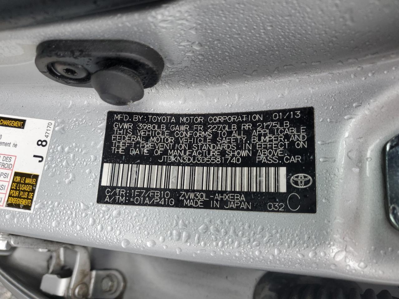 2013 Toyota Prius VIN JTDKN3DU3D5581740 Copart auction photo, side / front end damage thumbnail 12