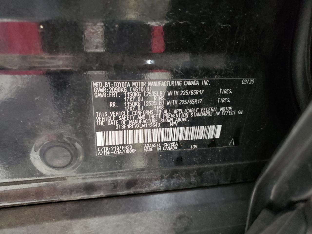 2020 Toyota RAV 4 VIN 2T3F1RFVXLW112643 Copart auction photo, front end / top/roof damage thumbnail 15