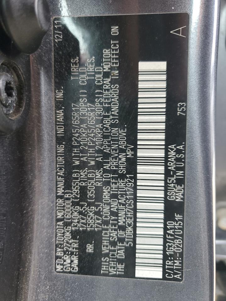 2012 Toyota Highlander VIN 5TDBK3EH7CS117921 Copart auction photo, front end / side damage thumbnail 12
