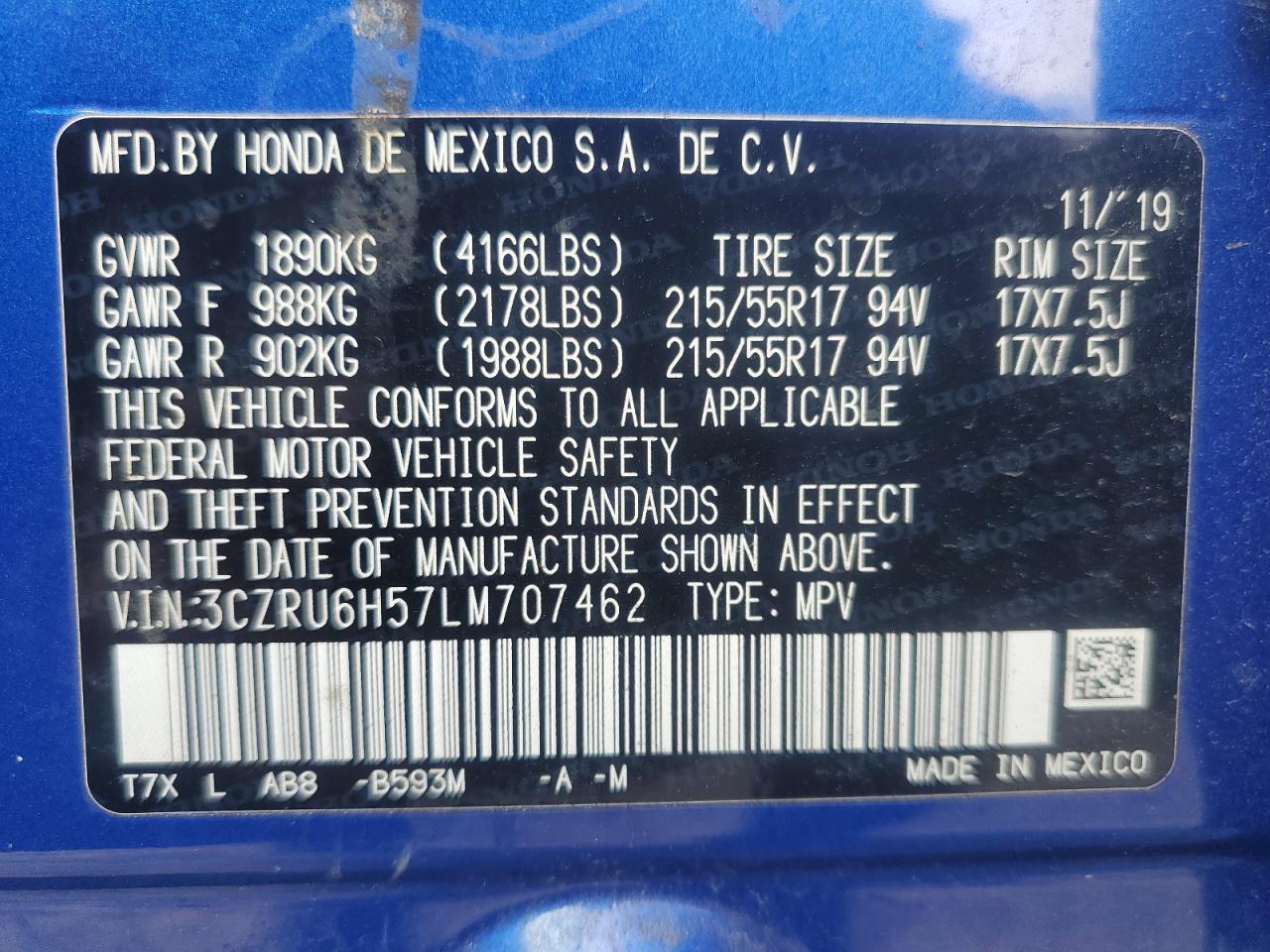 2020 Honda HR-V VIN 3CZRU6H57LM707462 Copart auction photo, front end / minor dent/scratches damage thumbnail 12