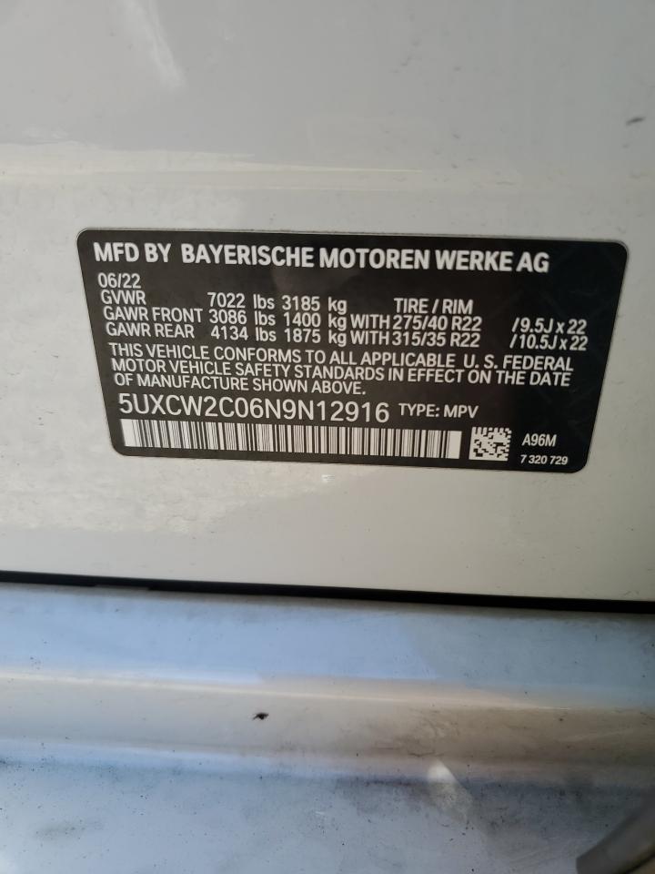 2022 BMW X7 VIN 5UXCW2C06N9N12916 Copart auction photo, front end damage thumbnail 13