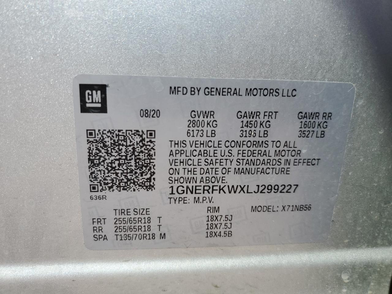 2020 Chevrolet Traverse VIN 1GNERFKWXLJ299227 Copart auction photo, front end / side damage thumbnail 13
