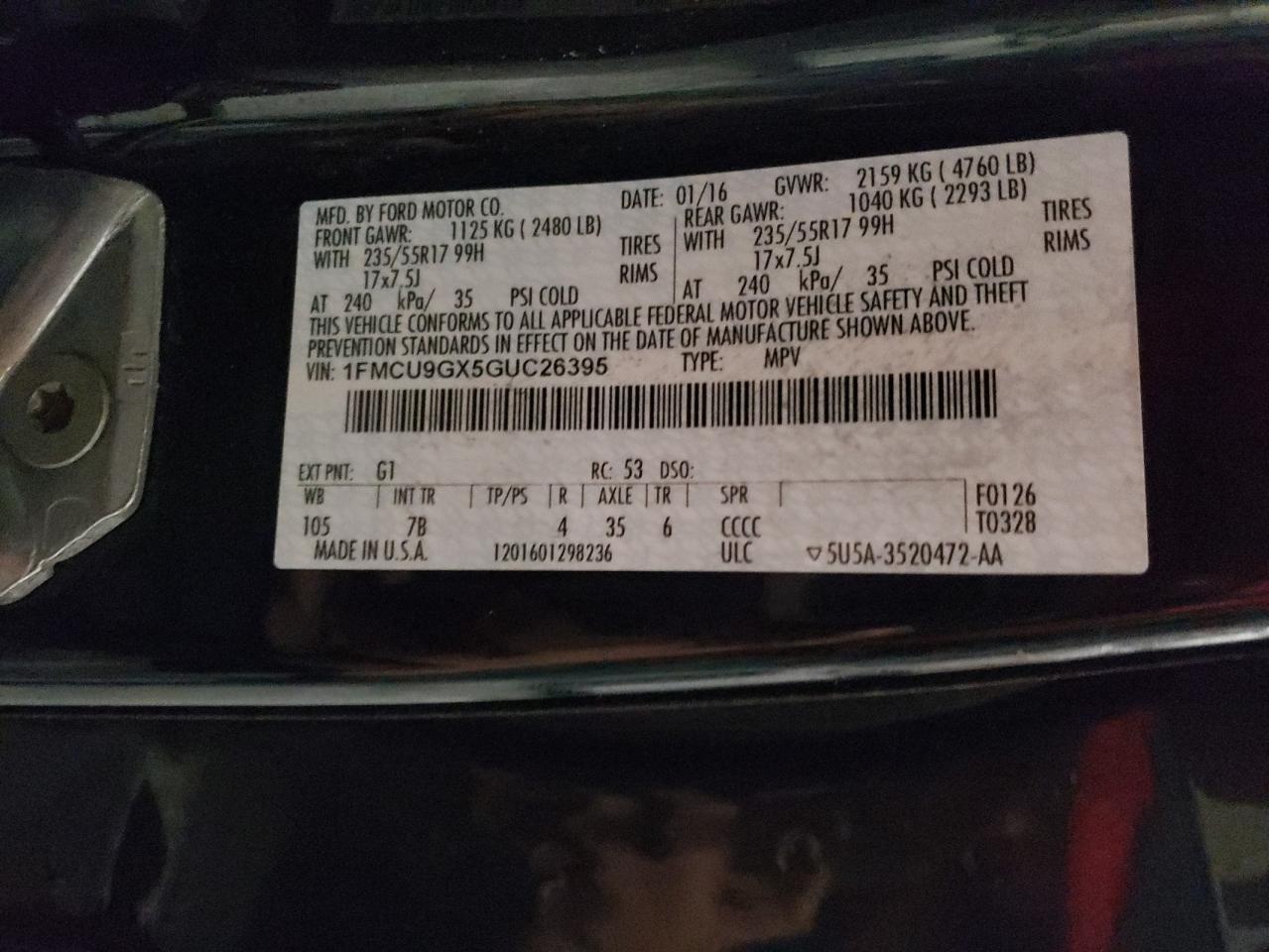 2016 Ford Escape VIN 1FMCU9GX5GUC26395 Copart auction photo, side damage thumbnail 13