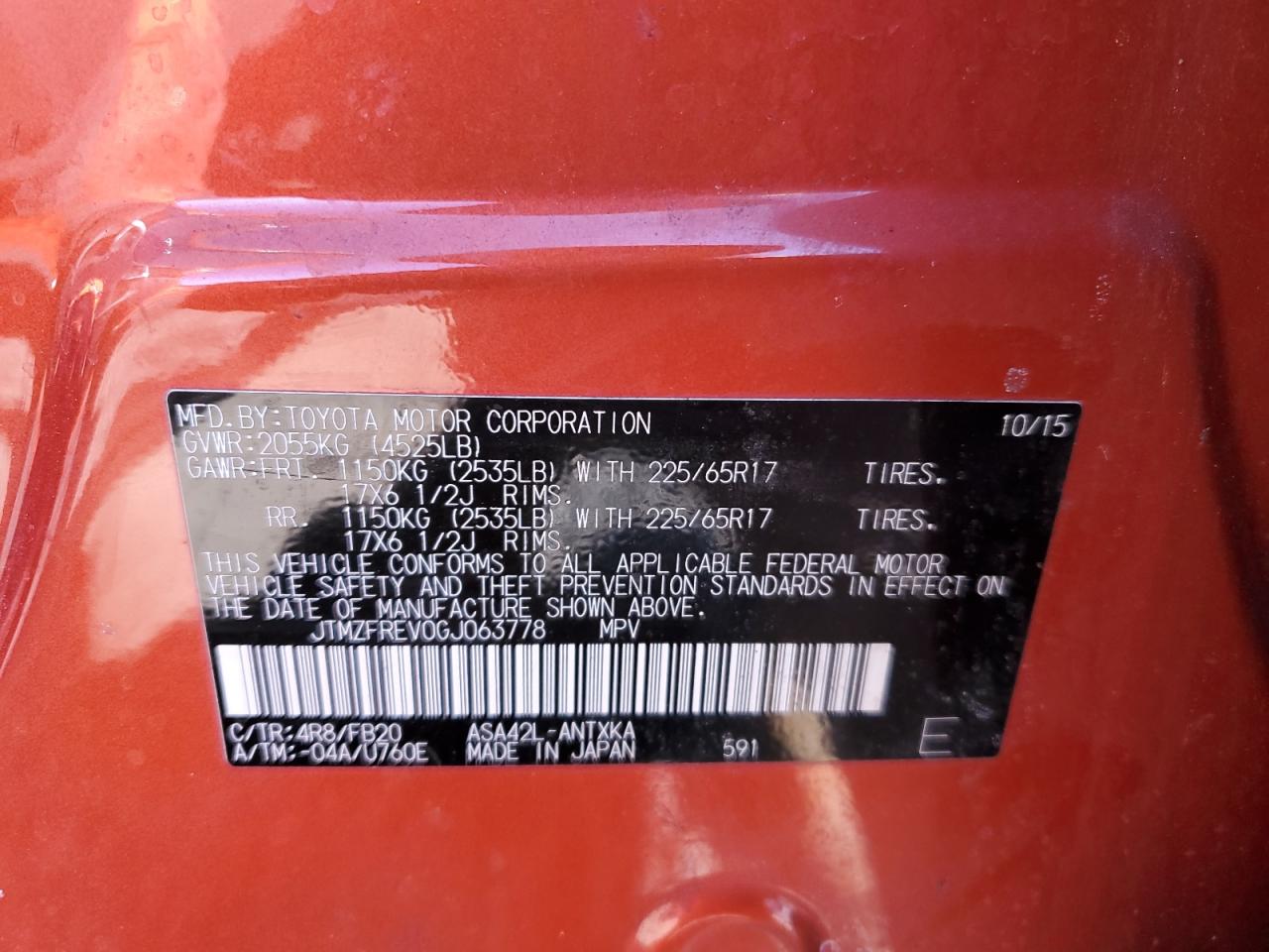 2016 Toyota RAV 4 VIN JTMZFREV0GJ063778 Copart auction photo, front end damage thumbnail 13