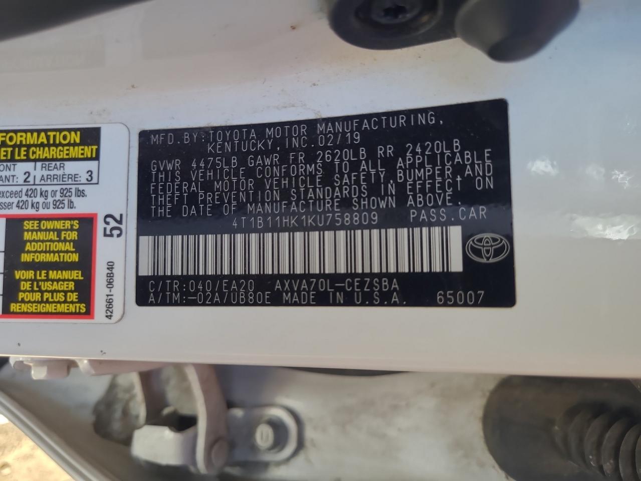 2019 Toyota Camry VIN 4T1B11HK1KU758809 Copart auction photo, front end damage thumbnail 14