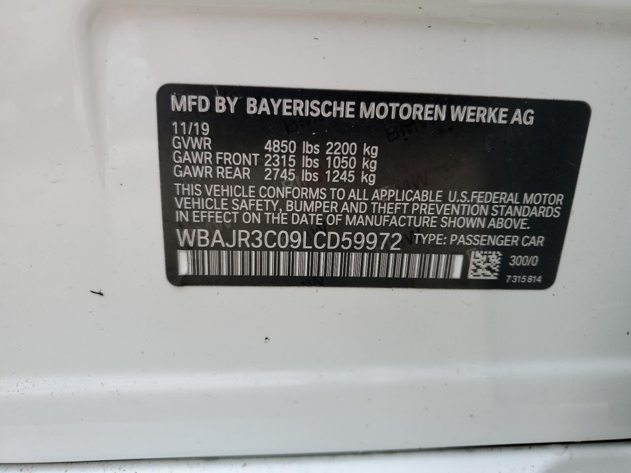 2020 BMW 5er VIN WBAJR3C09LCD59972 Copart auction photo, water/flood damage thumbnail 13