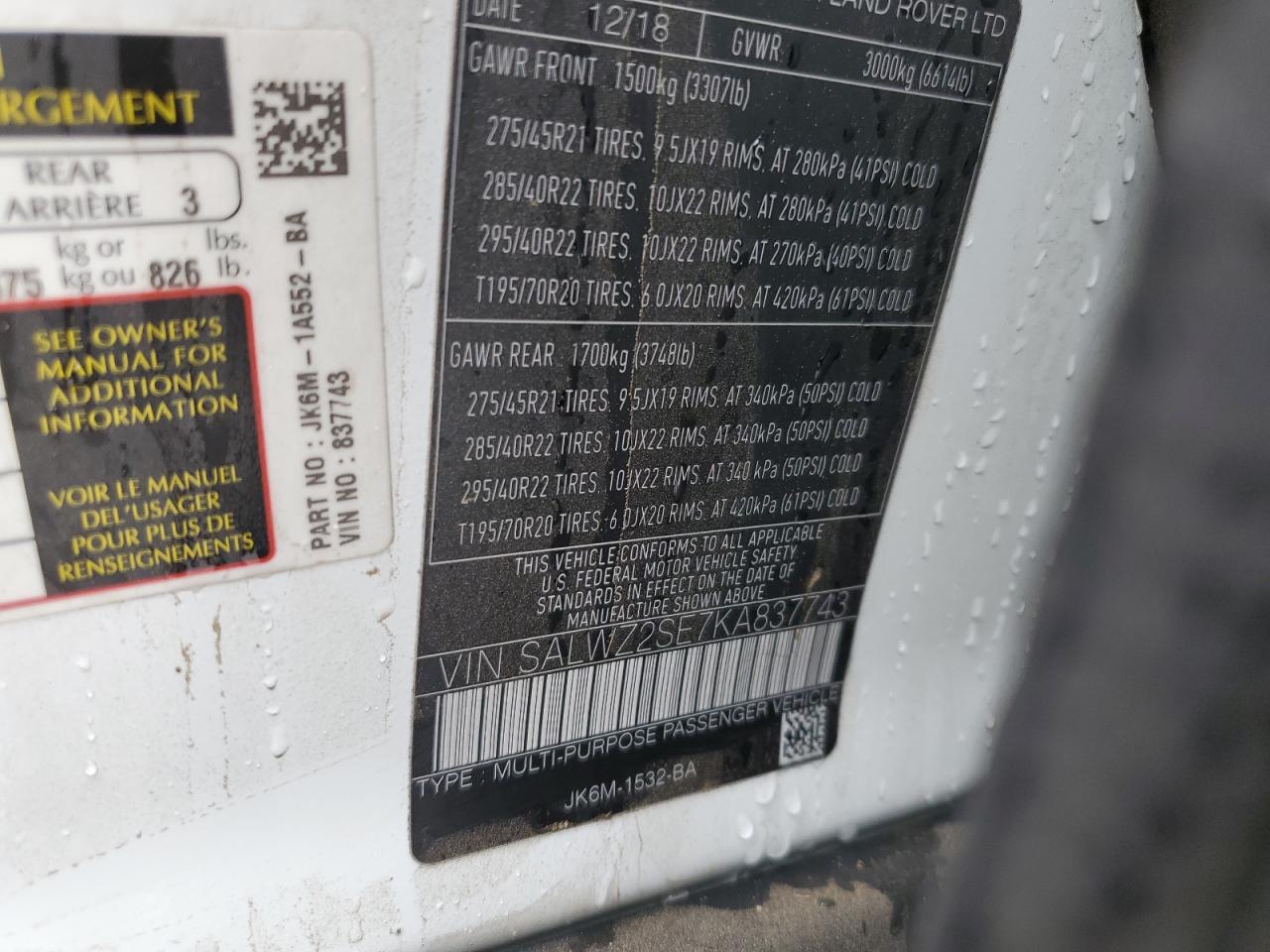 2019 Land Rover Range Rover VIN SALWZ2SE7KA837743 Copart auction photo, rollover damage thumbnail 14