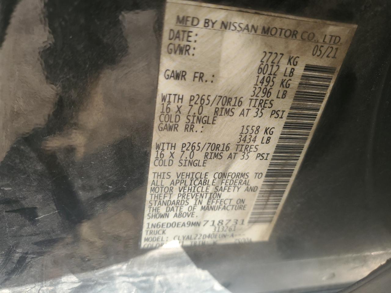 2021 Nissan Navara (Frontier) VIN 1N6ED0EA9MN718731 Copart auction photo, front end damage thumbnail 12