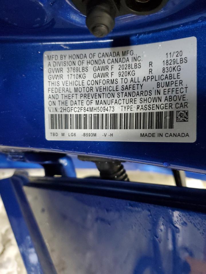 2021 Honda Civic VIN 2HGFC2F84MH509473 Copart auction photo, front end damage thumbnail 12