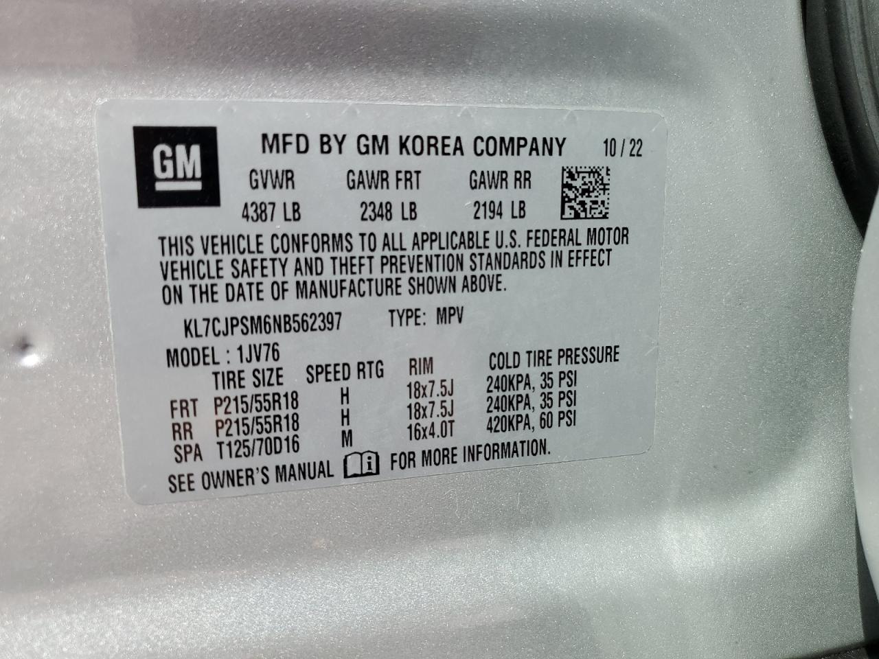 2022 Chevrolet Trax VIN KL7CJPSM6NB562397 Copart auction photo, water/flood damage thumbnail 13