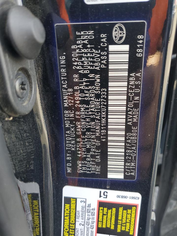 2019 Toyota Camry VIN 4T1B11HKXKU727333 Copart auction photo, front end damage thumbnail 12